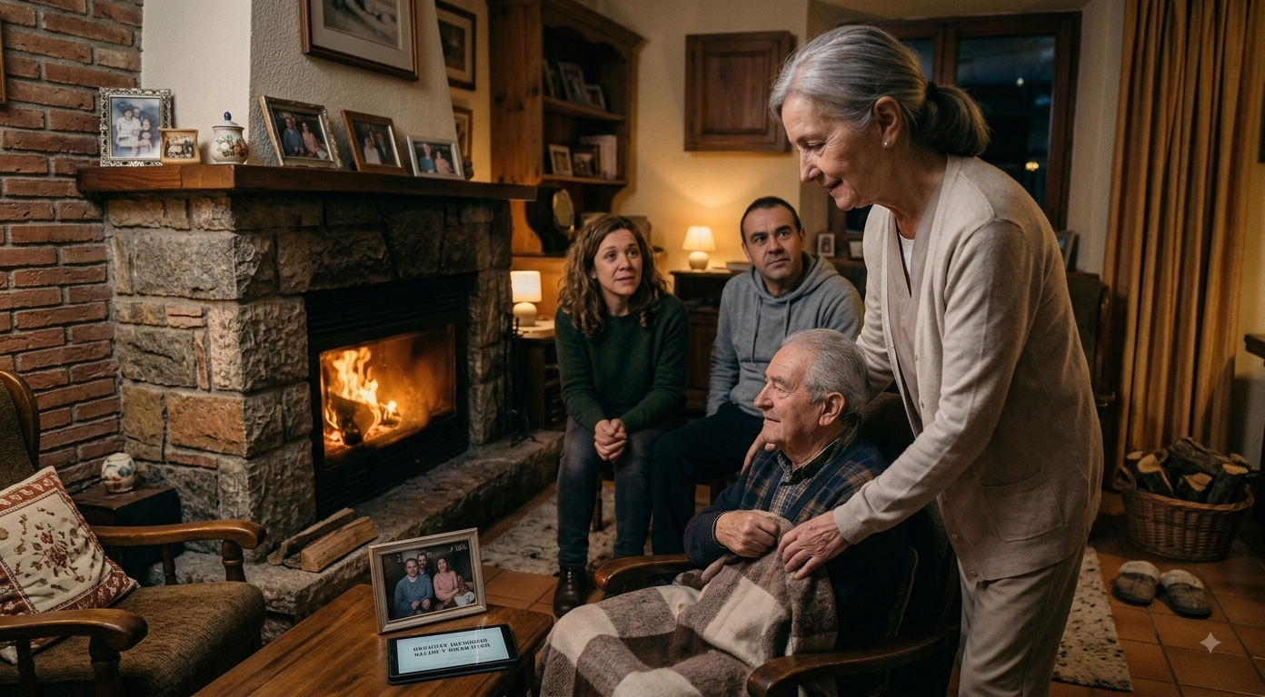 Familia reunida y preocupada, acompañando a un padre mayor en su casa