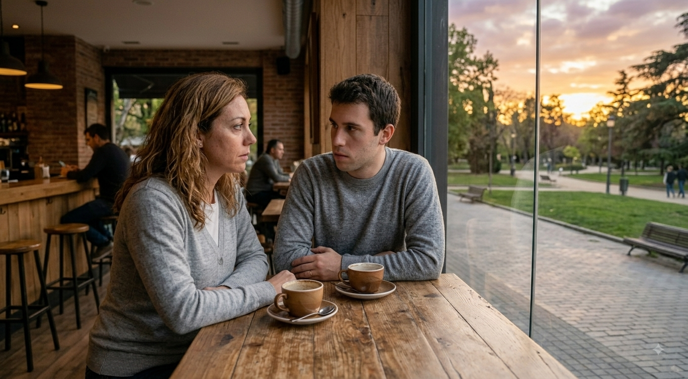 Hijo conversando con su madre sobre cómo cuidar a un familiar mayor